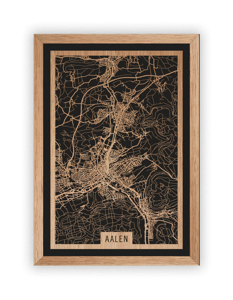 Stadtplan Aalen aus Holz – Wandbild in Eiche mit Rahmen