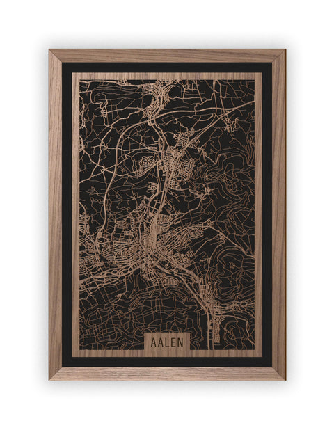 Stadtplan Aalen aus Holz – Wandbild in Nussbaum mit Rahmen