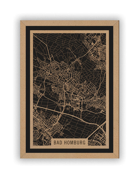 Stadtplan Bad Homburg aus Holz – Wandbild in Natur mit Rahmen