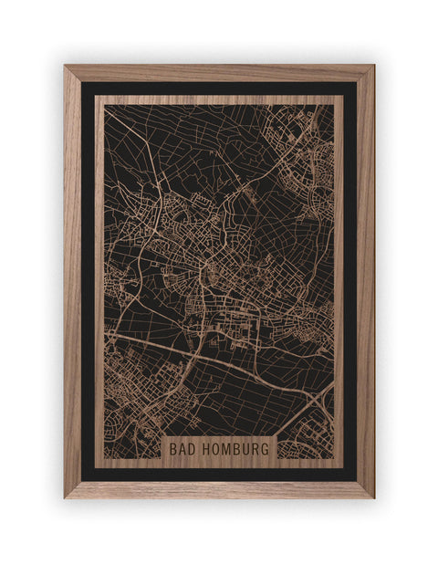 Stadtplan Bad Homburg aus Holz – Wandbild in Nussbaum mit Rahmen