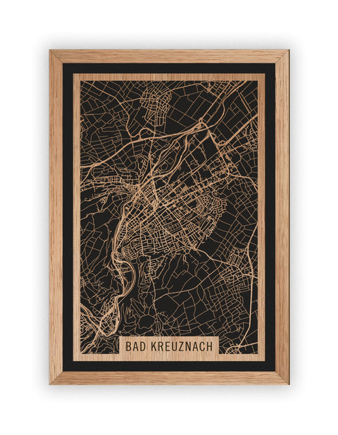 Stadtplan Bad Kreuznach aus Holz – Wandbild in Eiche mit Rahmen