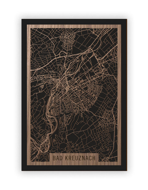 Stadtplan Bad Kreuznach aus Holz – Wandbild in Nussbaum ohne Rahmen
