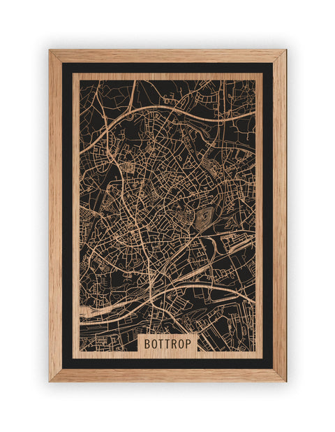 Stadtplan Bottrop aus Holz – Wandbild in Eiche mit Rahmen
