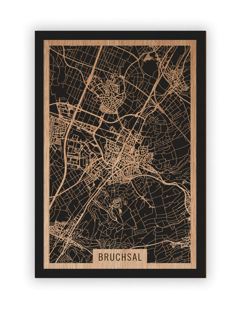 Stadtplan Bruchsal aus Holz – Wandbild in Eiche ohne Rahmen