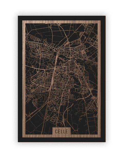 Stadtplan Celle aus Holz – Wandbild in Nussbaum ohne Rahmen