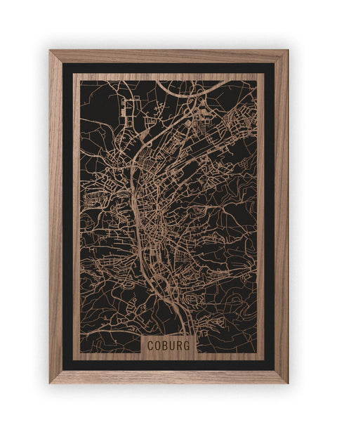 Stadtplan Coburg aus Holz – Wandbild in Nussbaum mit Rahmen