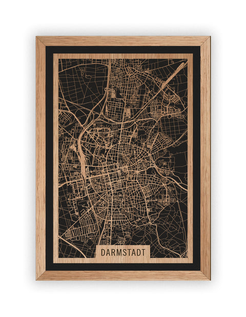 Stadtplan Darmstadt aus Holz – Wandbild in Eiche mit Rahmen
