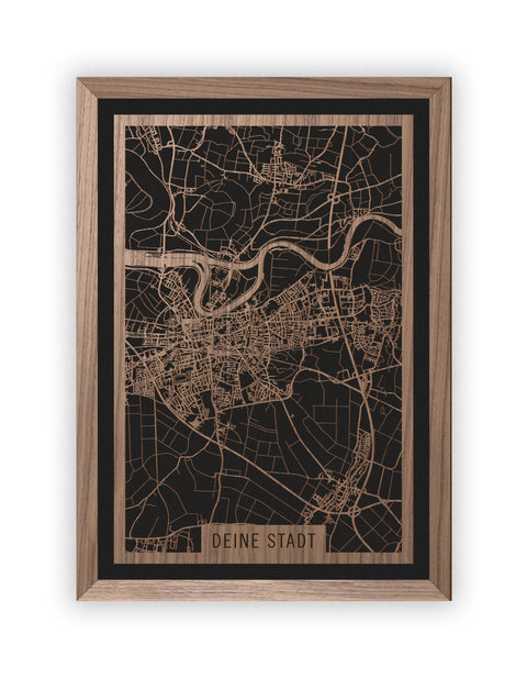 Stadtplan Deine Stadt aus Holz – Wandbild in Nussbaum mit Rahmen