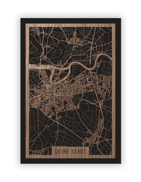 Stadtplan Deine Stadt aus Holz – Wandbild in Nussbaum ohne Rahmen