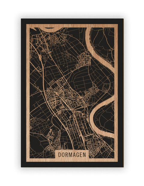 Stadtplan Dormagen aus Holz – Wandbild in Eiche ohne Rahmen