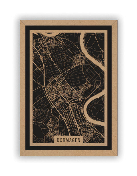 Stadtplan Dormagen aus Holz – Wandbild in Natur mit Rahmen