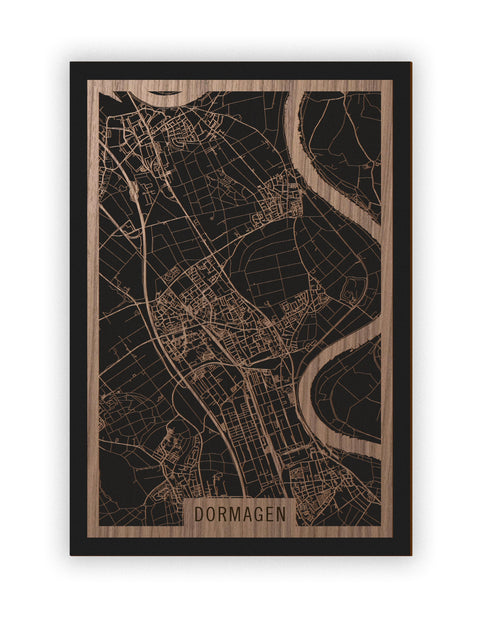 Stadtplan Dormagen aus Holz – Wandbild in Nussbaum ohne Rahmen