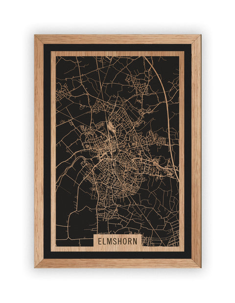 Stadtplan Elmshorn aus Holz – Wandbild in Eiche mit Rahmen