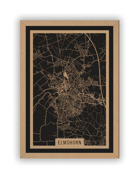 Stadtplan Elmshorn aus Holz – Wandbild in Natur mit Rahmen