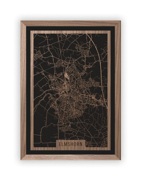 Stadtplan Elmshorn aus Holz – Wandbild in Nussbaum mit Rahmen