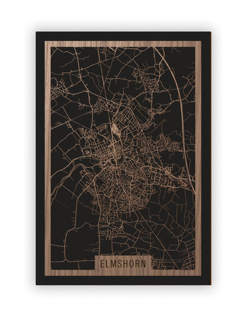 Stadtplan Elmshorn aus Holz – Wandbild in Nussbaum ohne Rahmen
