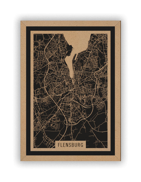 Stadtplan Flensburg aus Holz – Wandbild in Natur mit Rahmen