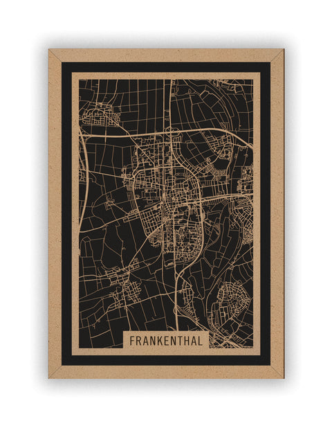 Stadtplan Frankenthal aus Holz – Wandbild in Natur mit Rahmen
