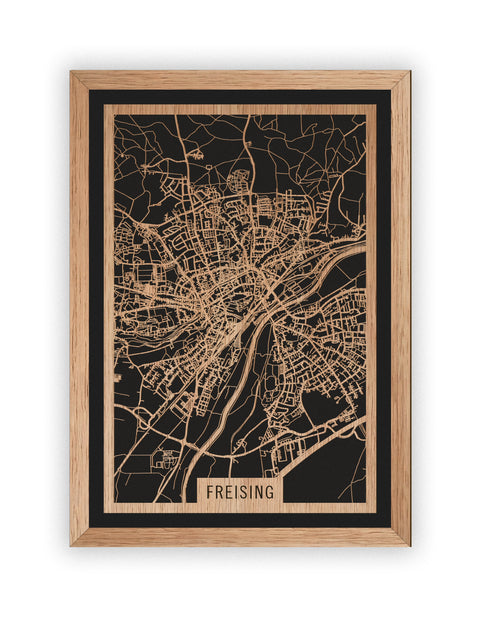Stadtplan Freising aus Holz – Wandbild in Eiche mit Rahmen