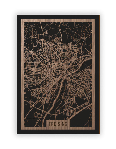 Stadtplan Freising aus Holz – Wandbild in Nussbaum ohne Rahmen