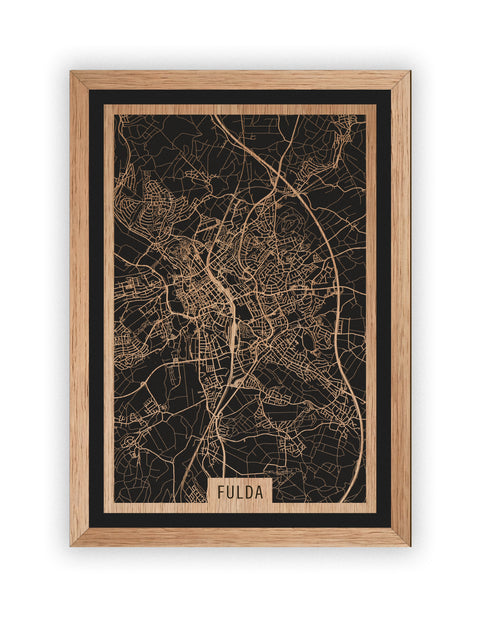 Stadtplan Fulda aus Holz – Wandbild in Eiche mit Rahmen