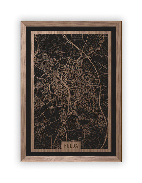Stadtplan Fulda aus Holz – Wandbild in Nussbaum mit Rahmen
