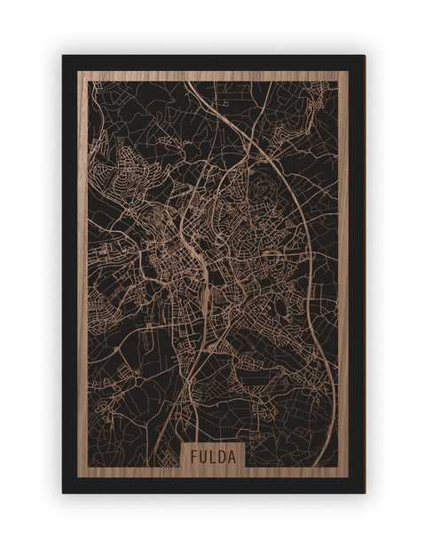 Stadtplan Fulda aus Holz – Wandbild in Nussbaum ohne Rahmen