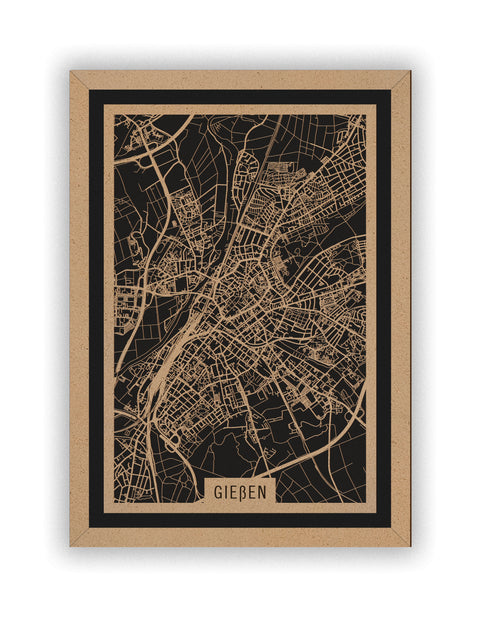 Stadtplan Gießen aus Holz – Wandbild in Natur mit Rahmen