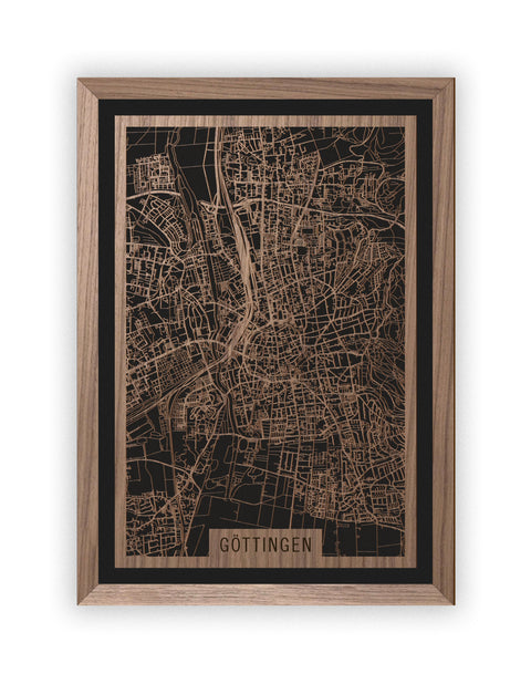 Stadtplan Göttingen aus Holz – Wandbild in Nussbaum mit Rahmen