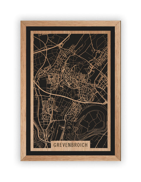 Stadtplan Grevenbroich aus Holz – Wandbild in Eiche mit Rahmen