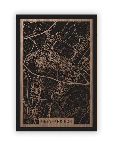 Stadtplan Grevenbroich aus Holz – Wandbild in Nussbaum ohne Rahmen