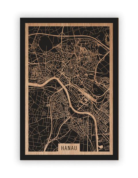 Stadtplan Hanau aus Holz – Wandbild in Eiche ohne Rahmen