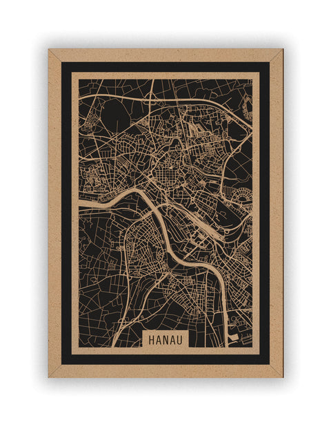 Stadtplan Hanau aus Holz – Wandbild in Natur mit Rahmen