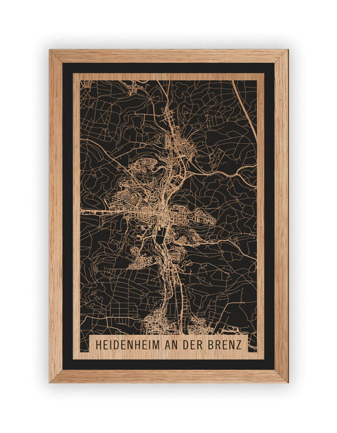 Stadtplan Heidenheim an der Brenz aus Holz – Wandbild in Eiche mit Rahmen