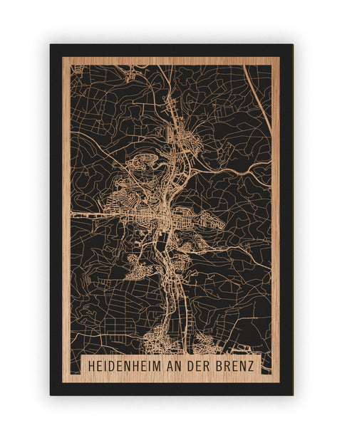 Stadtplan Heidenheim an der Brenz aus Holz – Wandbild in Eiche ohne Rahmen