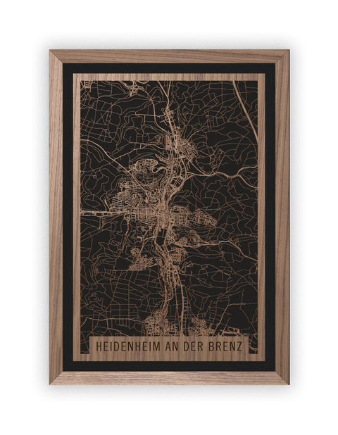 Stadtplan Heidenheim an der Brenz aus Holz – Wandbild in Nussbaum mit Rahmen