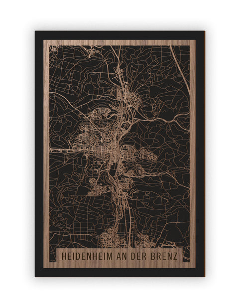 Stadtplan Heidenheim an der Brenz aus Holz – Wandbild in Nussbaum ohne Rahmen