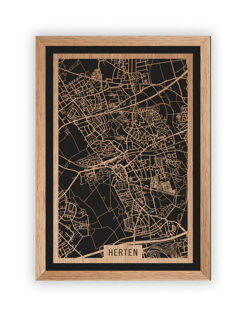 Stadtplan Herten aus Holz – Wandbild in Eiche mit Rahmen