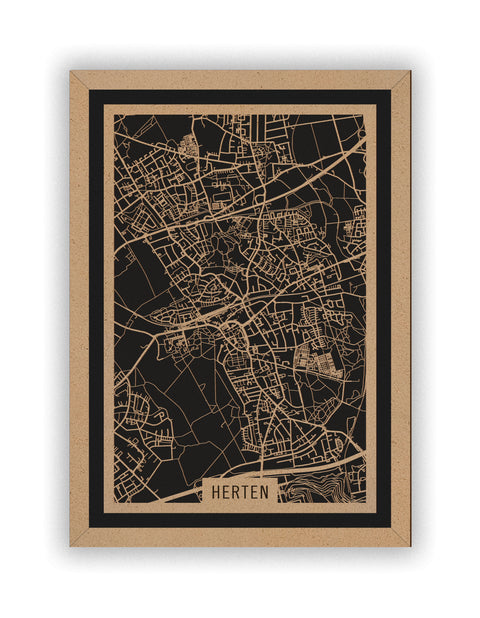 Stadtplan Herten aus Holz – Wandbild in Natur mit Rahmen