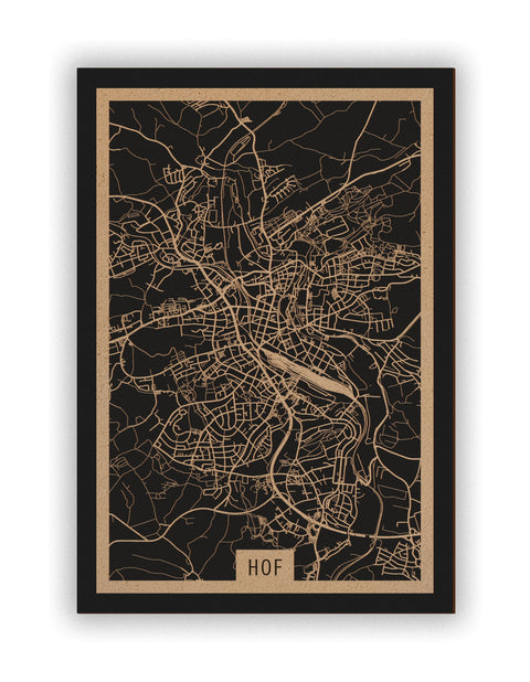 Stadtplan Hof aus Holz – Wandbild in Natur ohne Rahmen