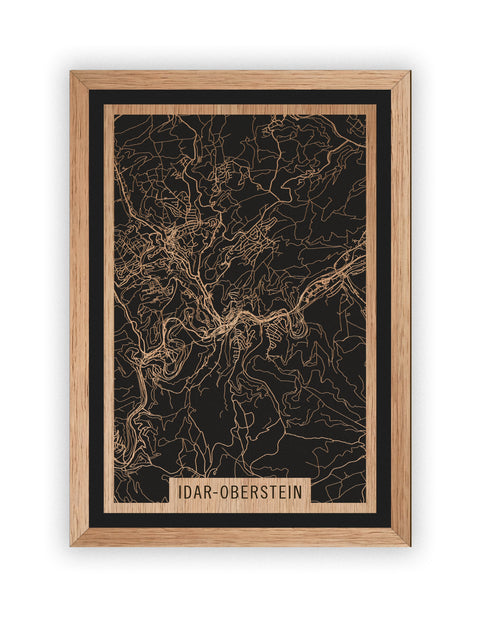 Stadtplan Idar-Oberstein aus Holz – Wandbild in Eiche mit Rahmen
