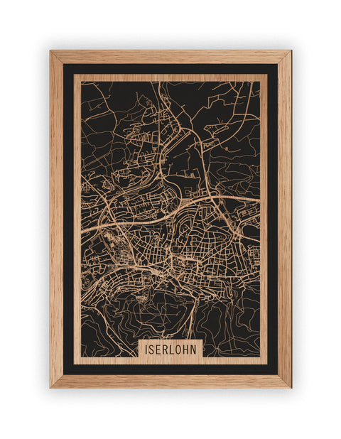 Stadtplan Iserlohn aus Holz – Wandbild in Eiche mit Rahmen