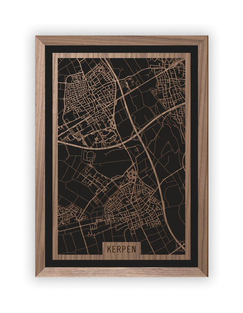 Stadtplan Kerpen aus Holz – Wandbild in Nussbaum mit Rahmen