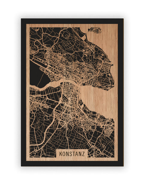 Stadtplan Konstanz aus Holz – Wandbild in Eiche ohne Rahmen