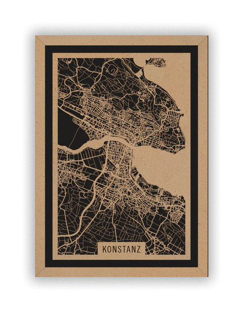 Stadtplan Konstanz aus Holz – Wandbild in Natur mit Rahmen