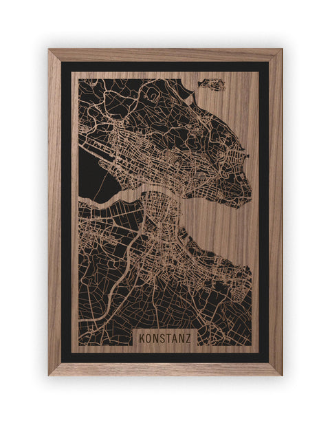 Stadtplan Konstanz aus Holz – Wandbild in Nussbaum mit Rahmen