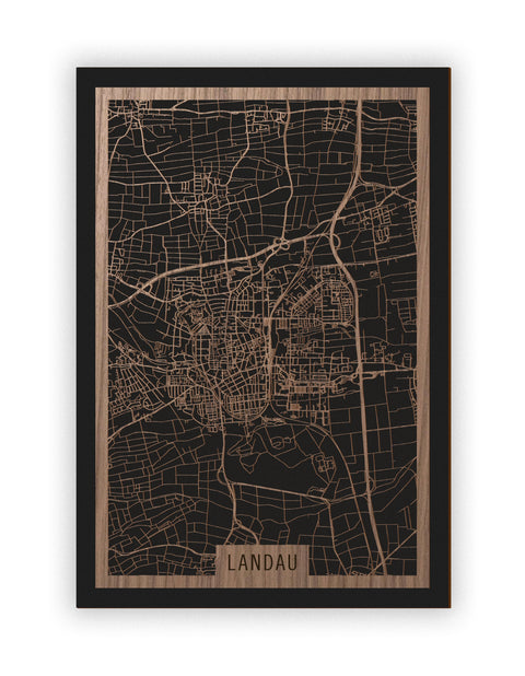 Stadtplan Landau aus Holz – Wandbild in Nussbaum ohne Rahmen