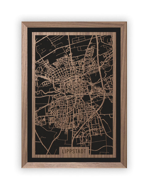 Stadtplan Lippstadt aus Holz – Wandbild in Nussbaum mit Rahmen