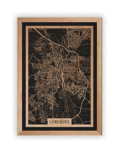Stadtplan Lüneburg aus Holz – Wandbild in Eiche mit Rahmen