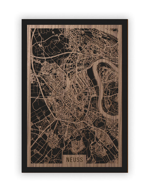 Stadtplan Neuss aus Holz – Wandbild in Nussbaum ohne Rahmen